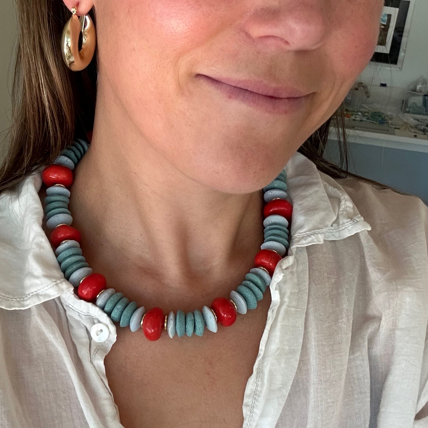 necklace, adult swim, blue ashanti beads, gold spaces, large red beads, cherry resin beads, statement necklace